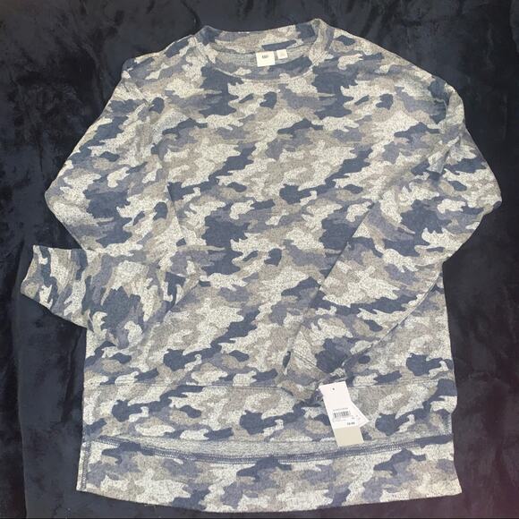NWT BLUE GRAY CAMO CAMOUFLAGE OVERSIZED SWEATSHIRT JUMPER HI LOW YOGA xs - Picture 1 of 7